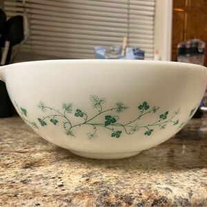 Vintage pyrex White Bowl with Green Ivy Design, very rare , apx 11 inches across